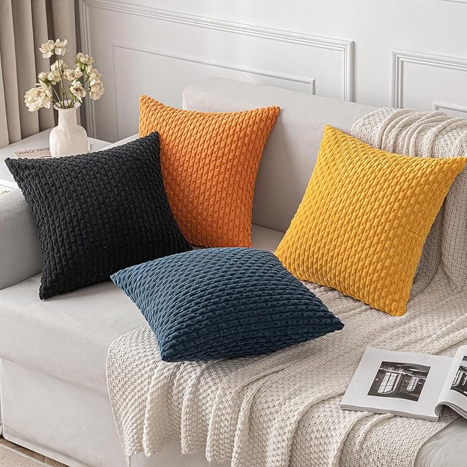 MIULEE Pack of 2 Decorative Throw Pillow Covers 16x16 Inch Soft Boho Striped Textured Corduroy Pillow Covers Modern Farmhouse Home Decor for Couch Bed Sofa Living Room Golden Yellow