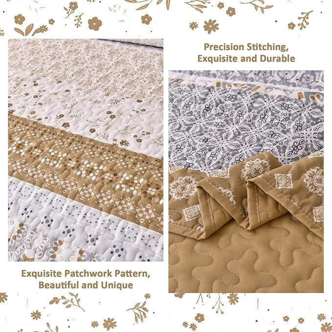 WONGS BEDDING Boho Quilt Set King, Brown Bohemian Striped Patchwork Summer Bedspread Coverlet Set with 2 Pillowcases,Lightweight Microfiber Floral Bedding Set 104"×90"