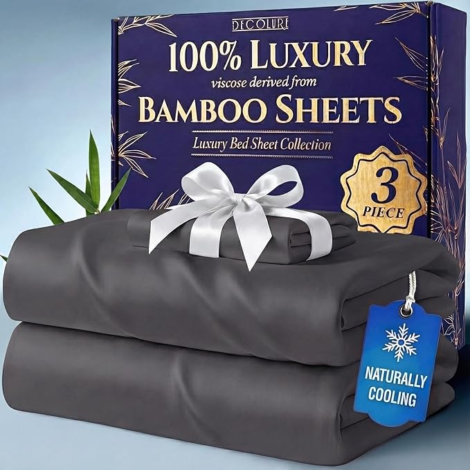 DECOLURE 100% Viscose Derived from Bamboo Sheets Twin Size - Luxury 3 Pc Naturally Cooling Sheets, Ultra Soft Bed Set - Deep 17" Pockets, Durable Double Stitching, Oeko Tex Standard (Charcoal)