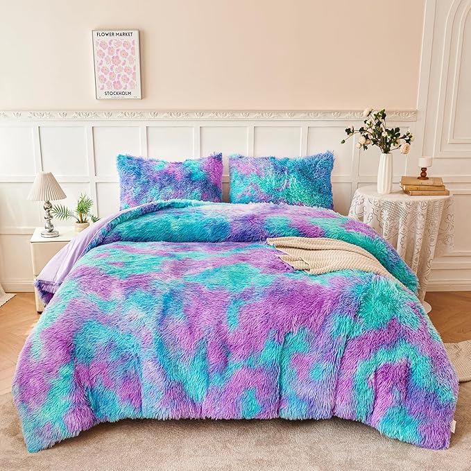 PERFEMET Fuzzy Girls Twin Comforter Set 3 Pieces Colorful Purple and Teal Faux Fur Fluffy Bedding for Kids Teens Ultra Soft Warm Tie Dye Velvet Plush Shaggy Bed Comforter Sets(Purple Teal, Twin)