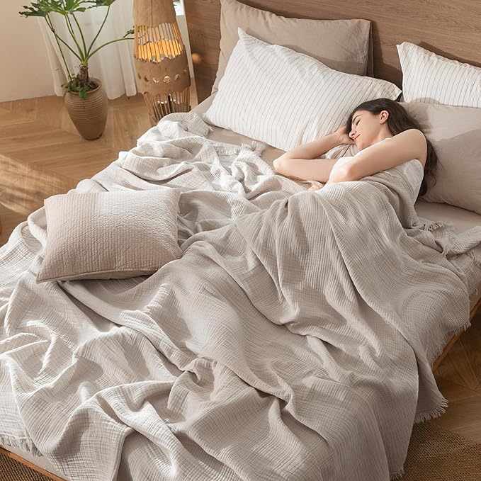 MooMee Muslin Blanket - 100% Cotton 4-Layer Gauze Throw Blanket with All-Around Fringe, Ultra-Soft Breathable Lightweight Cooling Decorative for Bed, Sofa & Couch (Cream Grey,Twin XL 66" x 90")