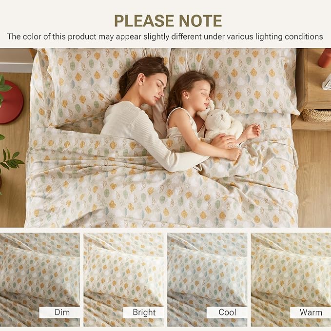 True North by Sleep Philosophy Cozy Flannel Warm 100% Cotton Sheet - Novelty Print Animals Stars Cute Ultra Soft Cold Weather Bedding Set, King, Multi Leaves 4 Piece