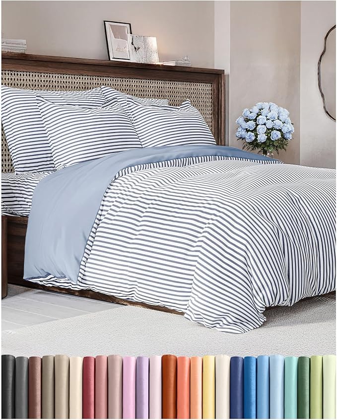 Duvet Cover King Size - Extra Soft King Size Duvet Cover - Lightweight, Breathable, Easy Care & Fade Free w/ Zipper Closures & Ties - 104" x 90" Inches - (Blue Stripes 2) Comforter Not Included