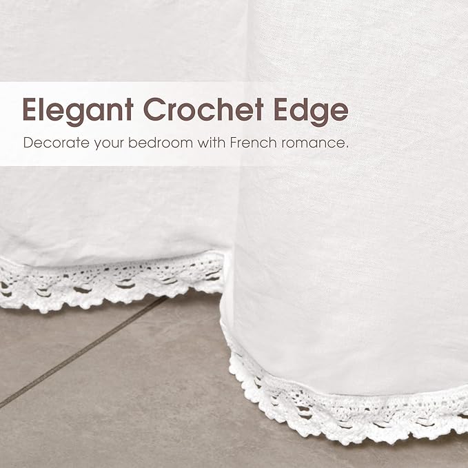 Queen Size 21" Drop - White Lightweight Cotton Bed Skirt with Crochet Trim - Dust Ruffle with Split Corner - Soft, Elegant, Breathable Bedding Accessory