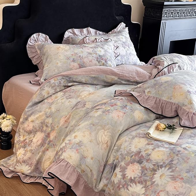 HighBuy Ruffle Floral Linen Duvet Cover Twin Size,Chic Cottagecore Pure French Yarn-Dyed Cotton Linen Comforter Cover Set 3 Piece Coquette Farmhouse Bedding for Teen College,Breathable Durable