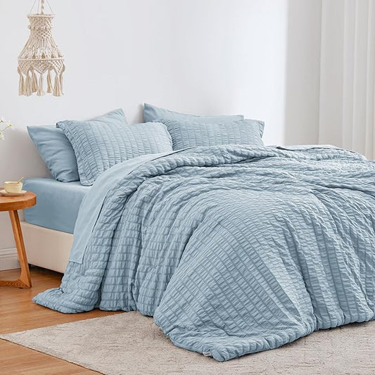 Love's cabin Seersucker Light Blue Twin Comforter Set, 5-Piece All Season Lightweight Bed in a Bag Bedding Set with Comforter, Flat Sheet, Fitted Sheet, Pillowcase and Sham | Soft, Breathable, Lightweight