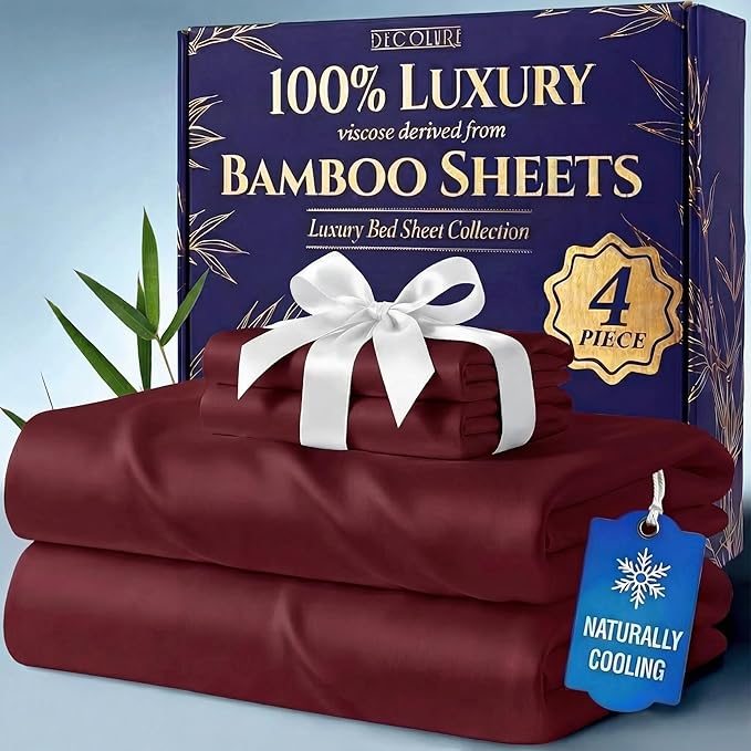 DECOLURE 100% Viscose Derived from Bamboo Sheets Queen Size - Luxury 4 Pc Naturally Cooling Sheets, Ultra Soft Bed Set - Deep 17" Pockets, Durable Double Stitching, Oeko Tex Standard (Burgundy)