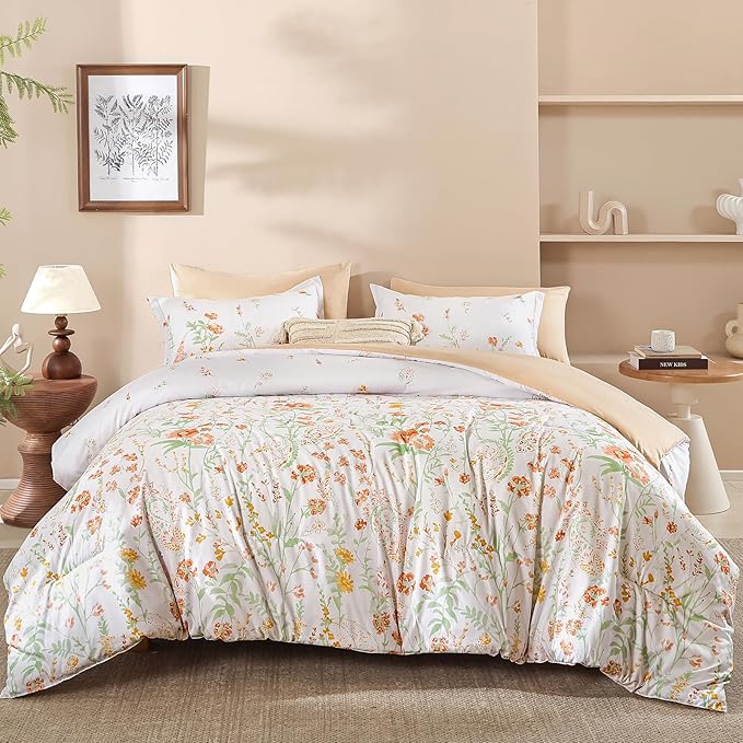 Yiran Coral Orange Watercolour Floral Comforter Set Queen Size, 7 Piece Cute Botanical Comforter Bedding Set, Bed in a Bag Queen, Soft Microfiber Complete Bedding Set with Sheets for All Season