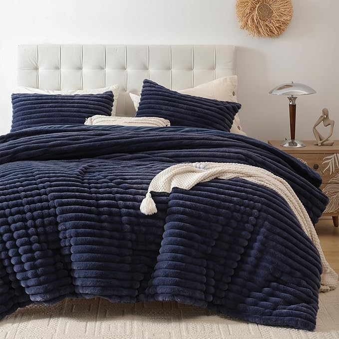 Smoofy Fluffy Twin Comforter Sets 2 Pieces - Navy Blue Fleece Fluffy Comforter Set, Luxury Fuzzy Twin Bedding Set, Soft Warm Comforter All Season, Heavy Faux Fur Comforter with Pillow Cases