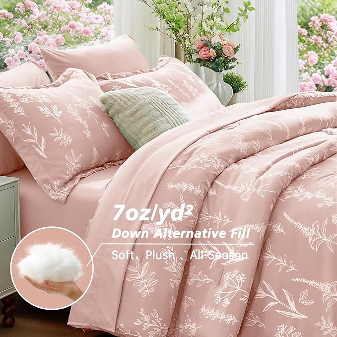 MUXHOMO Cameo Pink Bed in a Bag Queen 7 Pieces, Queen Comforter Set Reversible Botanical Flowers Design, Ultra Soft & Breathable Bedding Sets with Comforter, Sheets, Pillowcases & Shams