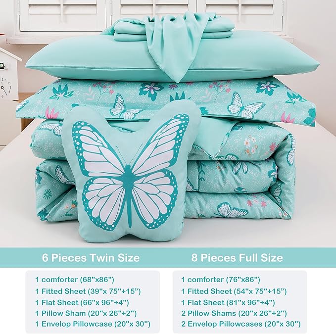 Mooreeke Bed in a Bag for Kids Girls Teens, 6 Pieces Twin Size Comforter Bed Set with Shams, Sheet Set and Decorative Toy Pillow, Butterfly Mint Green Super Soft Microfiber Kids Comforter Bedding Set