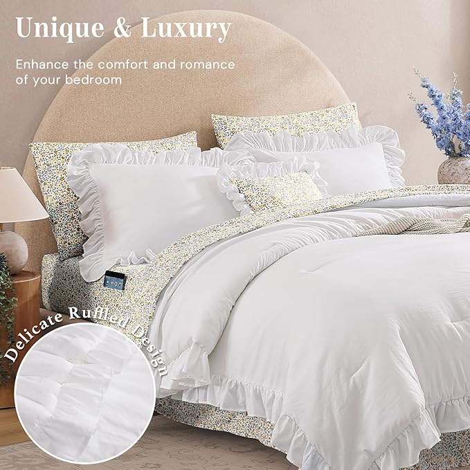 King Comforter Set - 7 Pieces Ruffle White Bedding Sets, Shabby Chic Farmhouse Bed in a Bag King with Ruffle Comforter, Floral Sheets, Pillowcases & Shams