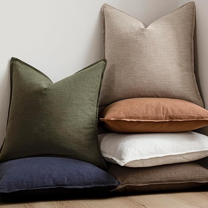 Foindtower Set of 2, Decorative Linen Soild Throw Pillow Covers Soft Accent Cushion Euro Case Boho Farmhouse Pillowcase for Chair Couch Sofa Bedroom Living Room Home Decor 18 x 18 Inch Natural Linen