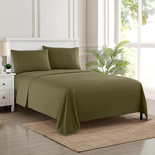 Twin Sheets - Breathable Luxury Sheets with Full Elastic & Secure Corner Straps Built In - 1800 Supreme Collection Extra Soft Deep Pocket Bedding Set, Sheet Set, Twin, Olive