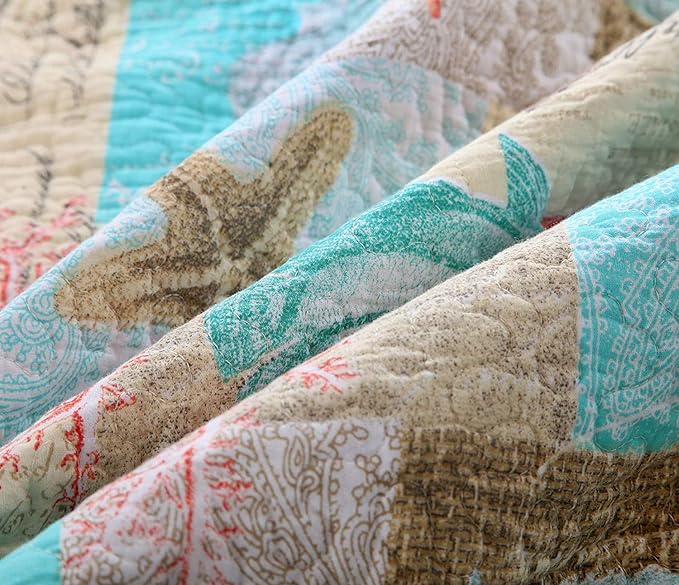 YAYIDAY Quilt King Size Bedspread Set - 100% Cotton Reversible Breathable Star Fish Coral Shell Style Quilted Quilt with Pillow Shams for All Seasons