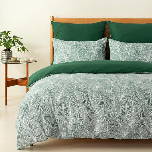 Lekesky Emerald Green Duvet Cover Queen Size, Reversible Queen Comforter Cover with Tropical Leaves Pattern, Soft 100% Washed Microfiber 3 Pieces Green Bedding Set with Zipper and 2 Pillowcases