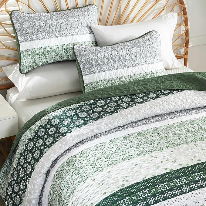 WONGS BEDDING Green Quilt Set Queen Size,Boho Striped Patchwork Bedspread Set,3 Pieces Microfiber Bedding Set for All Seasons (96"x90")