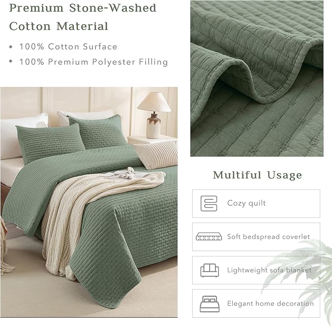 CozyTide Olive Green Oversized King Bedspread 120x120,Stone-Washed Cotton Lightweight Oversized King Quilt,3 Piece Extra Large Modern California King Coverlet Set Ultra Soft