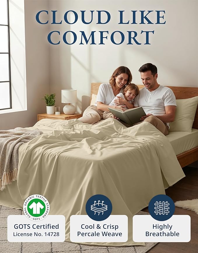 LANE LINEN 100% Organic Cotton Fully Elasticized California King Sheet Set, Low Pilling Fade Resistant Machine Washable Naturally Cooling Cal King Bedding Set, Soft & Comfy Cotton Sheets – Linen