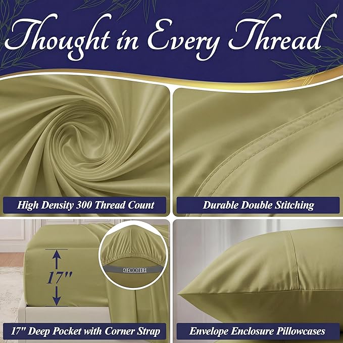 DECOLURE 100% Viscose Derived from Bamboo Sheets Full Size - Luxury 4 Pc Naturally Cooling Sheets, Ultra Soft Bed Set - Deep 17" Pockets, Durable Double Stitching, Oeko Tex Standard (Light Olive)