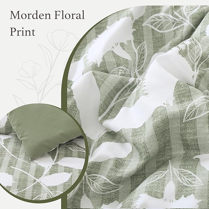 Twin XL Comforter Set -5 Pieces Floral Sage Green Bedding Set for All Seasons, Bed in a Bag with Botanical Flowers Comforter, Sheets, Pillowcase & Sham