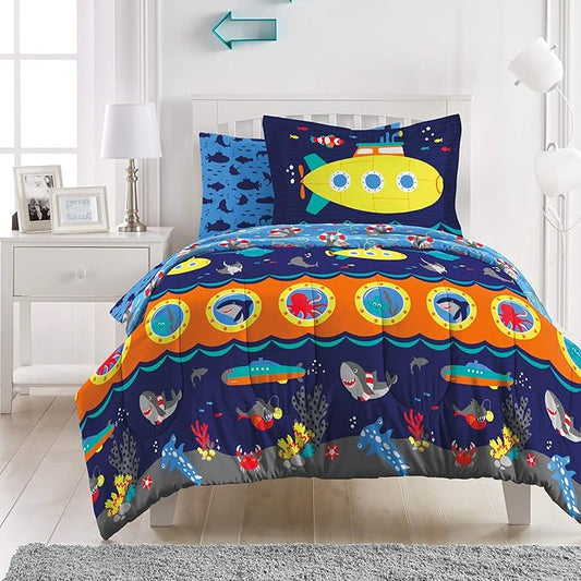 dream FACTORY Kids 7-Piece Complete Set Easy-Wash Super Soft Microfiber Comforter Bedding, Full, Navy Submarine