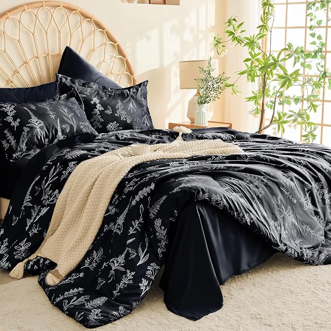 MUXHOMO Black California King Comforter Set, Elegant Floral Print Bed in a Bag 7 Pieces, Ultra Soft & Breathable Reversible Botanical Pattern Bedding Set with Comforter, Sheets, Pillowcases, and Shams