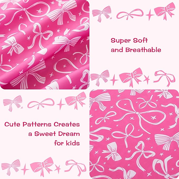 Kids Sheet Set Twin Size, Twin Sheet Set with Pink Bow Pattern，Breathable Silky Soft Microfiber Kids Fitted Sheet