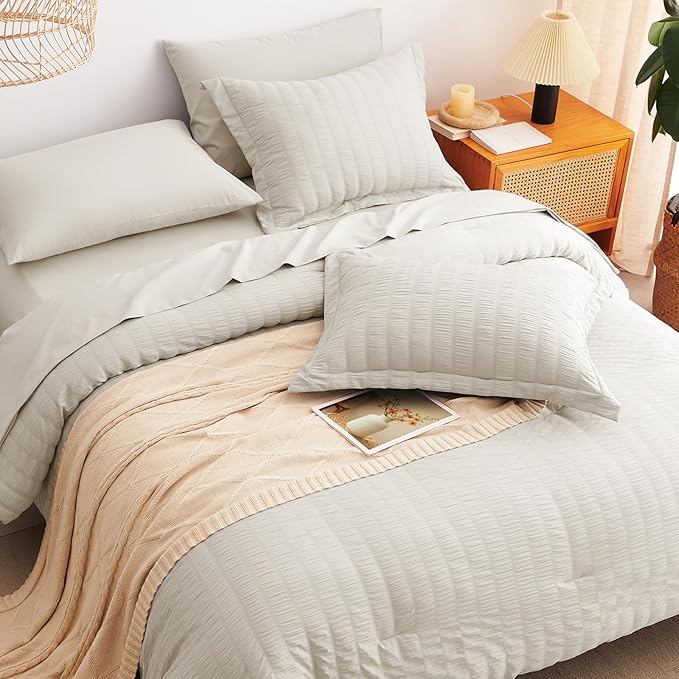 CozyLux Twin XL Comforter Set with Sheets Seersucker Beige 5 Pieces Bed in a Bag, Twin Extra Long Luxury Soft Bedding Sets for College Dorm with Down Alternative Comforter, Sheets, Pillowcases & Shams