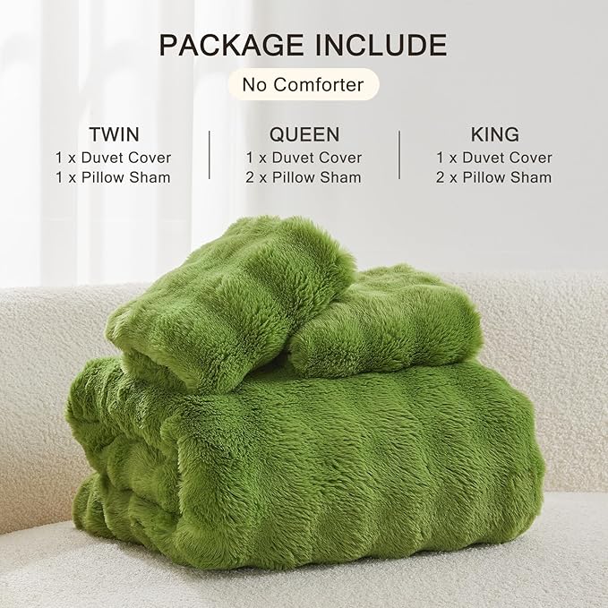 EMME Faux Fur Duvet Cover King Size, 3 Pieces Ultra Soft Fluffy Comforter Cover, Cozy Warm for Winter, Luxury Elegant Shaggy Bubble Design Bedding, 1 Duvet Cover & 2 Pillow Shams (King, Green)