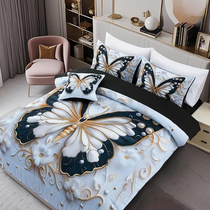 A Nice Night Queen 6pcs Bed in A Bag Black and Glod Dreamy 3D Butterfly Pearl Flower Design, Butterflies Printed Bedding Queen Comforter Set, for Girls Kids Teens