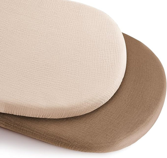 Konssy 2 Pack Muslin Bassinet Sheets for Boys, Girls, 100% Cotton Soft Breathable Fitted Bassinet Mattress Sheet, 32 x 16 inches (Brown,Summer Wheat)