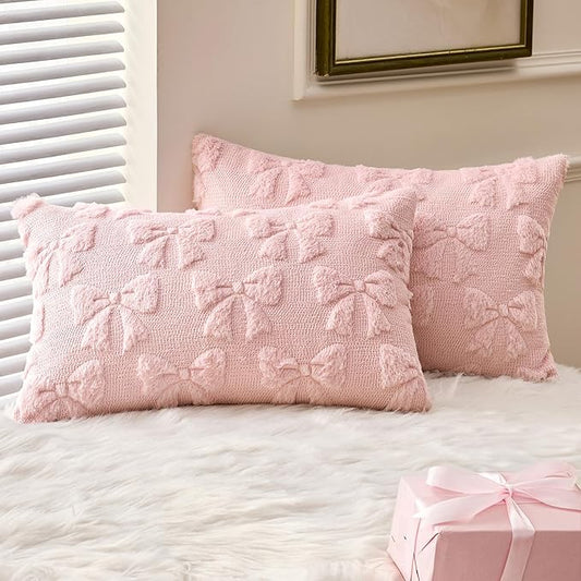 MIULEE Light Pink Bow Pillow Covers Coquette Room Decor Aesthetic Set of 2 Decorative Cute Girl Vlentine Pillow Covers Spring Soft Plush Faux Pillowcase for Preppy Room Decor Bedroom Couch,12x20 Inch