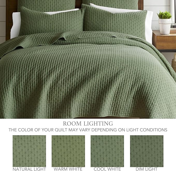 Levtex Home Cross Stitch Reversible Twin XL/Twin Quilt Set (68x86in) with 1 Pillow Sham (26x20in) - Stitch Texture - Forest Green - Cotton Twin Size Quilt Bedding Set - Lightweight, Soft, Pre-Washed