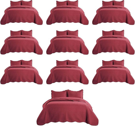 MOONLIGHT20015 Queen Quilt Bedding Set (90" x 96") - Bulk Pack of 10 Wholesale for Hotels, Guest Bedroom & Airbnbs - Lightweight Microfiber Reversible Embossed Quilts Bedspreads (Burgundy)