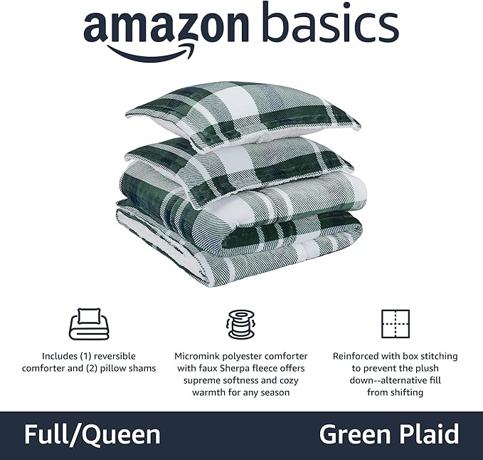 Amazon Basics 3 Piece Bedding Set, Micromink Sherpa, Ultra-Soft, Warm All Season Comforter, Full/Queen, Green Plaid