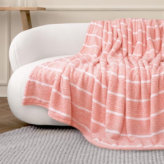 DEZ FURNISHINGS Oversized Cozy Knit Look Cloud-Soft Plush Printed Fleece Throw Blanket, Lightweight & Breathable, Queen (90" x 90"), Peach Pink Stripe
