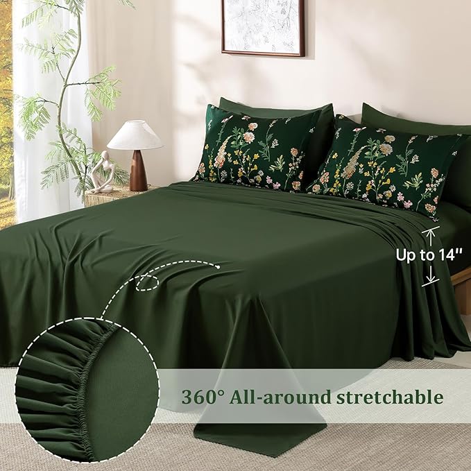 Yiran Dark Green Floral Comforter Set Queen Size, 7 Piece Botanical Flowers Comforter Bedding Set, Bed in a Bag Queen, Soft Microfiber Complete Bedding Set with Sheets for All Season
