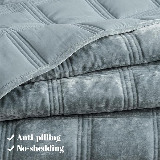 PHF Ultra Soft Velvet Quilt Set Twin Size – 2PCS Luxurious Cozy Quilted Comforter Alternative with Diamond Pattern, Warm Quilted Bedspread Coverlet, 68" x 92", Dusty Blue