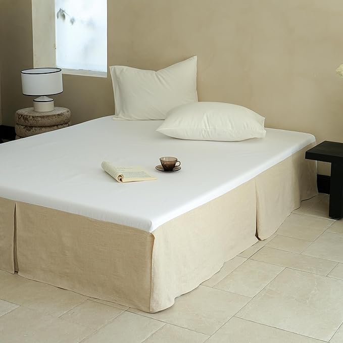 Simple&Opulence French Linen Bed Skirt with Classic 14 inch Drop Dust Ruffle, Tailored Draped Premium Natural Flax Cotton Blend Basic Dust Easy Fit Breathable Farmhouse Bedding (Twin, Basic Linen)