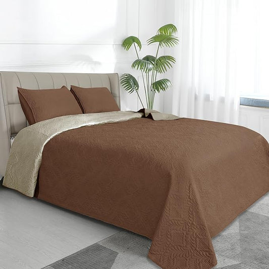 Easy-Going Full/Queen Size Reversible Quilt Set with 1 Quilt and 2 Pillow Shams, Soft Bed Quilt Cover, Water Resistant Lightweight Microfiber Bedspread, Stain Resistant, Olive Leaf-Brown/Beige