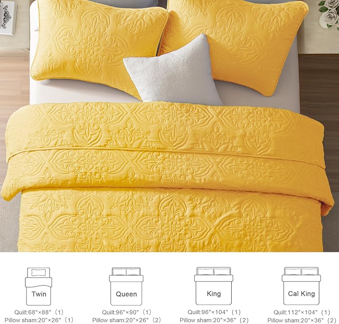 Whale Flotilla Soft Queen Quilt Bedding Set for All Seasons, Vintage Damask Ultrasonic Full Size Quilts Set, Lightweight Reversible Bedspread, Coverlet, Bed Cover with 2 Pillow Shams, Yellow