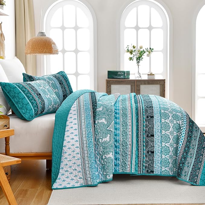 WONGS BEDDING Boho Quilt Set King Size, Teal 3 Pieces Bohemian Striped Patchwork Bedspread Coverlet, Lightweight Soft Microfiber Bedding Set for All Season (104"x90")