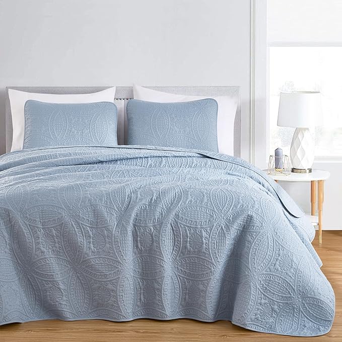 Chezmoi Collection Austin Queen Oversized Bedspread Set, 3-Piece Pinsonic Quilted Lightweight Microfiber Bedspread Coverlet, Cool Gray
