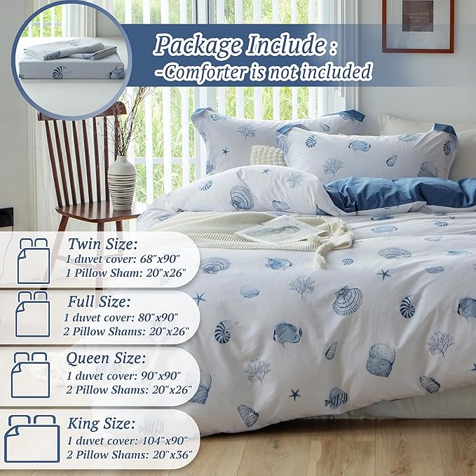 MILDLY 100% Washed Cotton Duvet Cover - Nautical Coastal Bedding Set Seashell Printed Blue Comforter Cover Set with Zipper Closure 4 Ties Queen Size