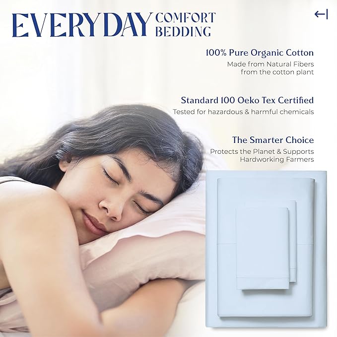 Mayfair Linen 100% Organic Cotton Sheets Queen Size - 4 PC Organic Cotton Queen Size Percale Weave Sheet Set, Soft, Cooling, Crisp & Breathable, 16" Deep Pocket Hotel Quality Bedding Set - Light Blue