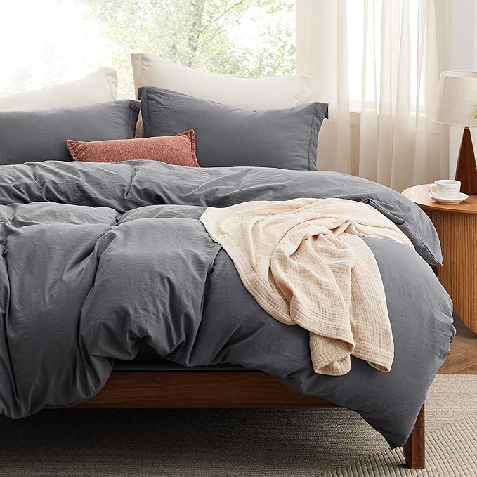 Bedsure California King Size Duvet Cover with Fitted Sheet - 4 Pieces Prewashed Polyester Extra Soft Bedding Set, Includes 1 Duvet Cover 104x98 Inches, 2 Pillow Shams, 1 Fitted Sheet, Dark Grey