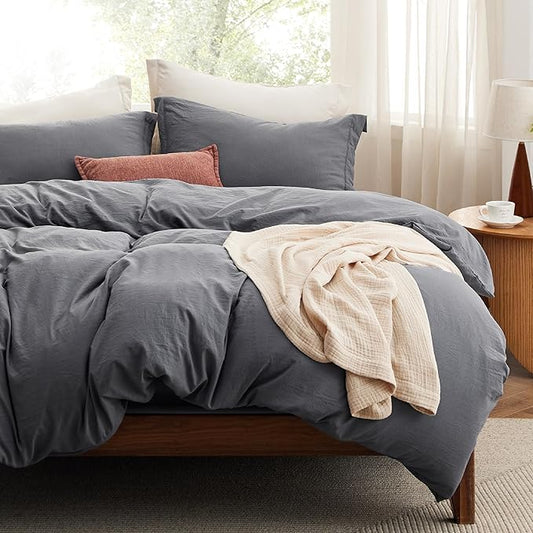 Bedsure Duvet Cover King Size with Fitted Sheet - 4 Pieces Prewashed Cotton-Like Extra Soft Bedding Set, Includes 1 Duvet Cover 104x90 Inches, 2 Pillow Shams, 1 Fitted Sheet, Dark Grey