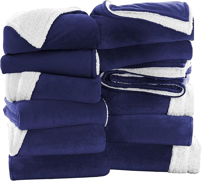 MOONLIGHT20015 Navy Sherpa Fleece Throw Blanket Twin Size for Bed - Wholesale Bulk Pack of 12 Sherpa Blankets - Soft Fluffy Throw Blankets for Hotels, Guest Bedroom, 60x80 Inches