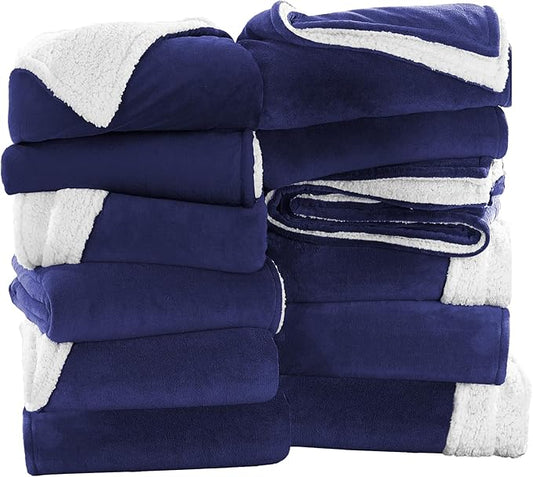 MOONLIGHT20015 Navy Sherpa Fleece Throw Blanket Twin Size for Bed - Wholesale Bulk Pack of 12 Sherpa Blankets - Soft Fluffy Throw Blankets for Hotels, Guest Bedroom, 60x80 Inches